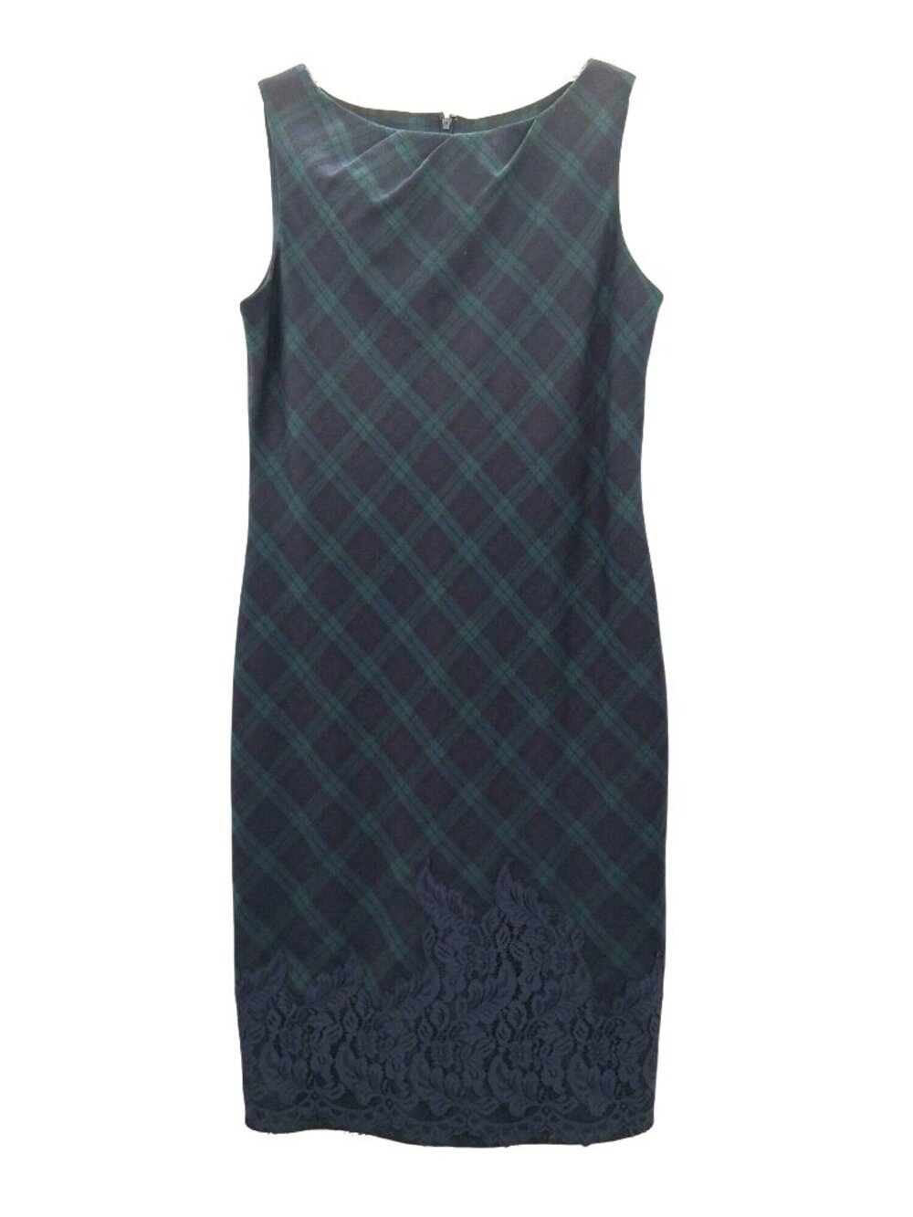 Talbots Plaid Sleeveless Wool Blend Sheath Dress With Lace Hem Detail Size 10